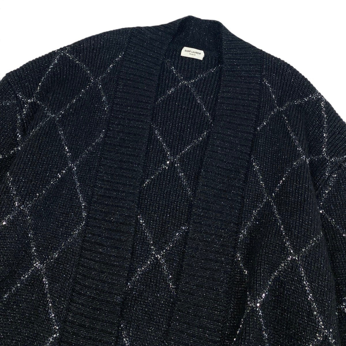 Ei4 【美品】 SAINT LAURENT サンローラン 2022FW スパンコール アーガイル ロングカーディガン サイズM ブラック レディースk02i