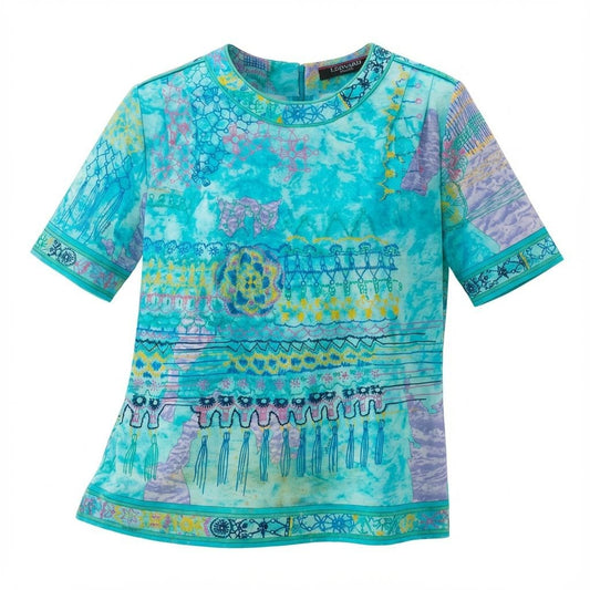 76a24 LEONARD FASHION レオナールファッション 半袖カットソー 花柄 バックファスナー クルーネック M ブルー レディース 女性用o07t