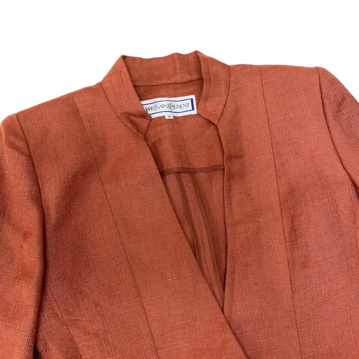 84i15 YVES SAINT LAURENT イヴサンローラン セットアップスカート ショートジャケット リネン混 サイズM オレンジ レディースo07t