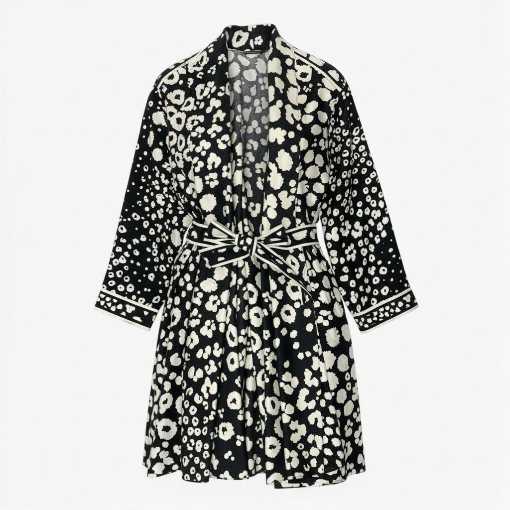 83b23 LEONARD レオナール ロングカーディガンジャケット ガウンカーディガン 美しいプリント 9ARサイズ ブラック アイボリー コットン100％ レディース 女性用u02t