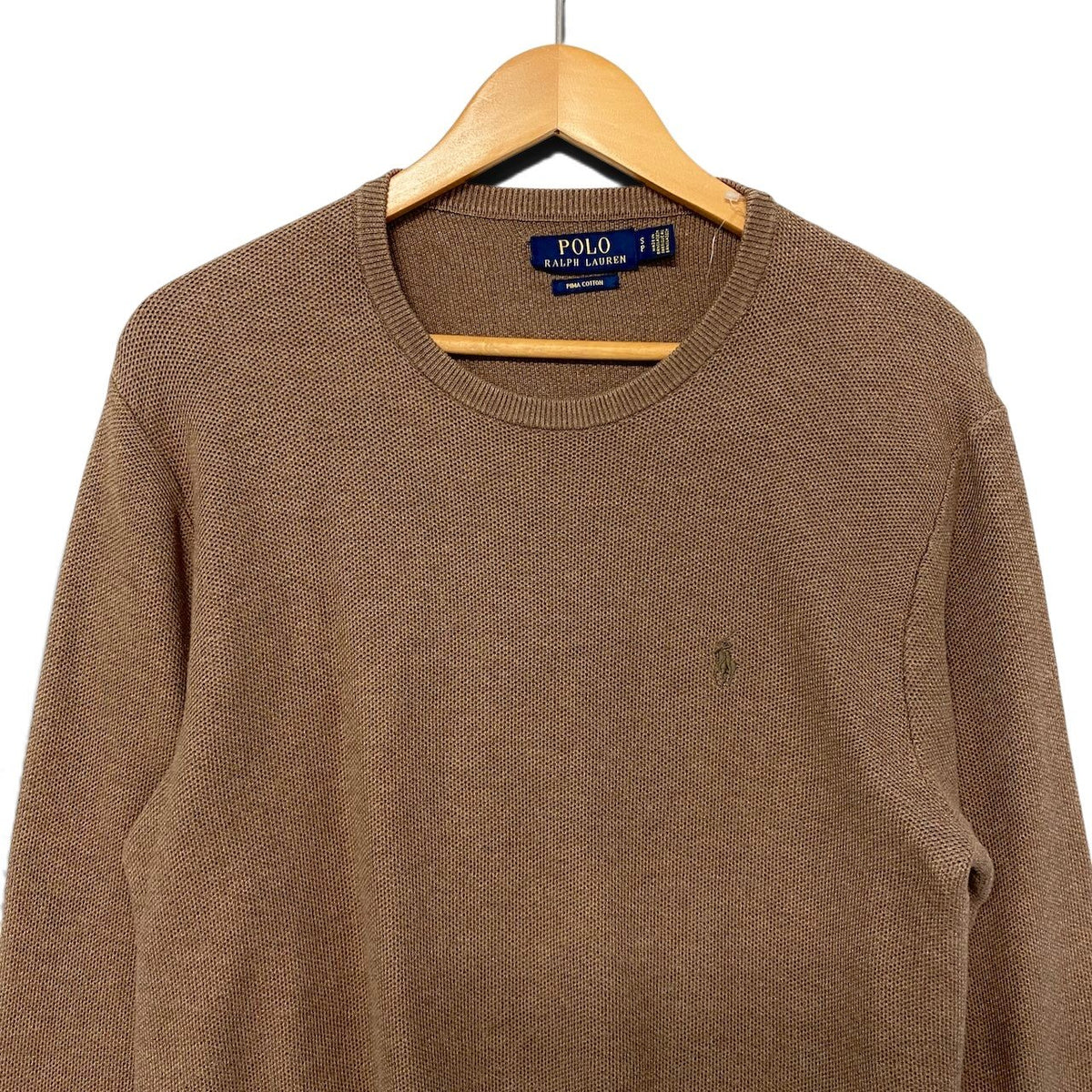 20j22 POLO RALPH LAUREN ポロラルフローレン ロングスリーブニットセーター ロゴ刺繍 トップス 170/92Aサイズ ブラウン コットン100％ メンズ 男性用u02t
