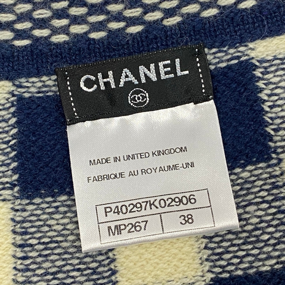h31 CHANEL カシミヤニットセーター ショートスリーブ ココマーク刺繍 ボートネック チェック柄 38サイズ ブルー アイボリー カシミヤ100％ レディース 女性用k02i