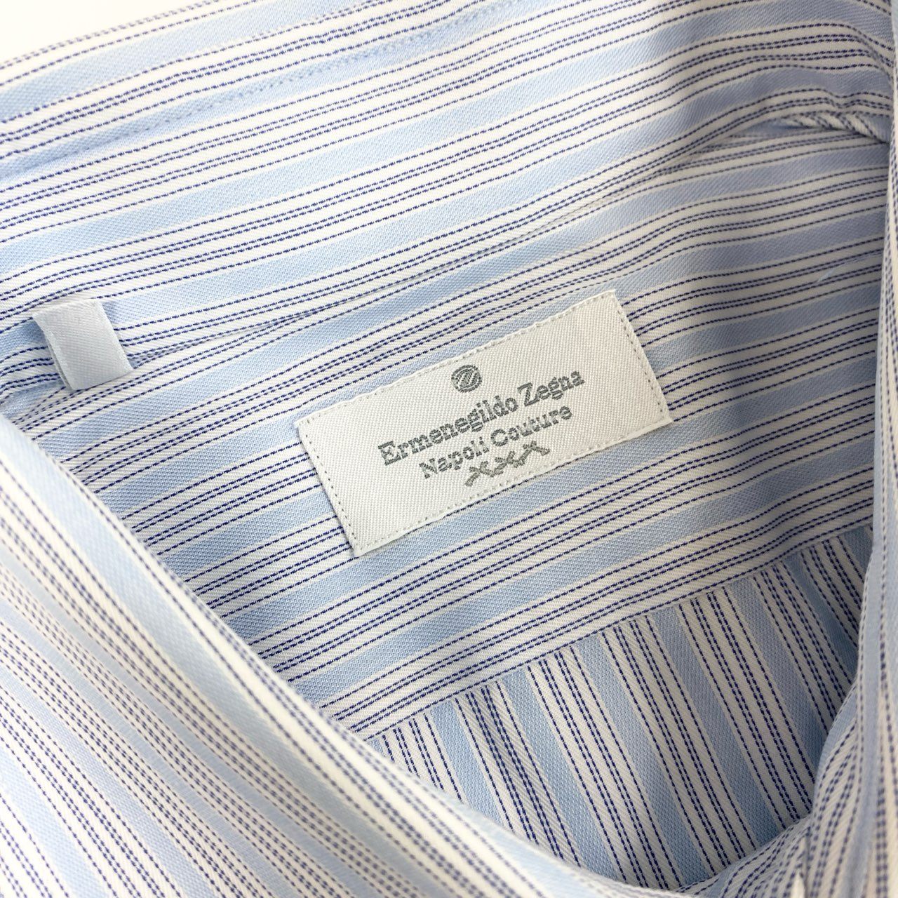 31k2《美品》 Ermenegildo Zegna エルメネジルドゼニア 長袖 ドレスシャツ ストライプ ビジネス フォーマル 41 Lサイズ相当 ブルー コットン メンズo07t