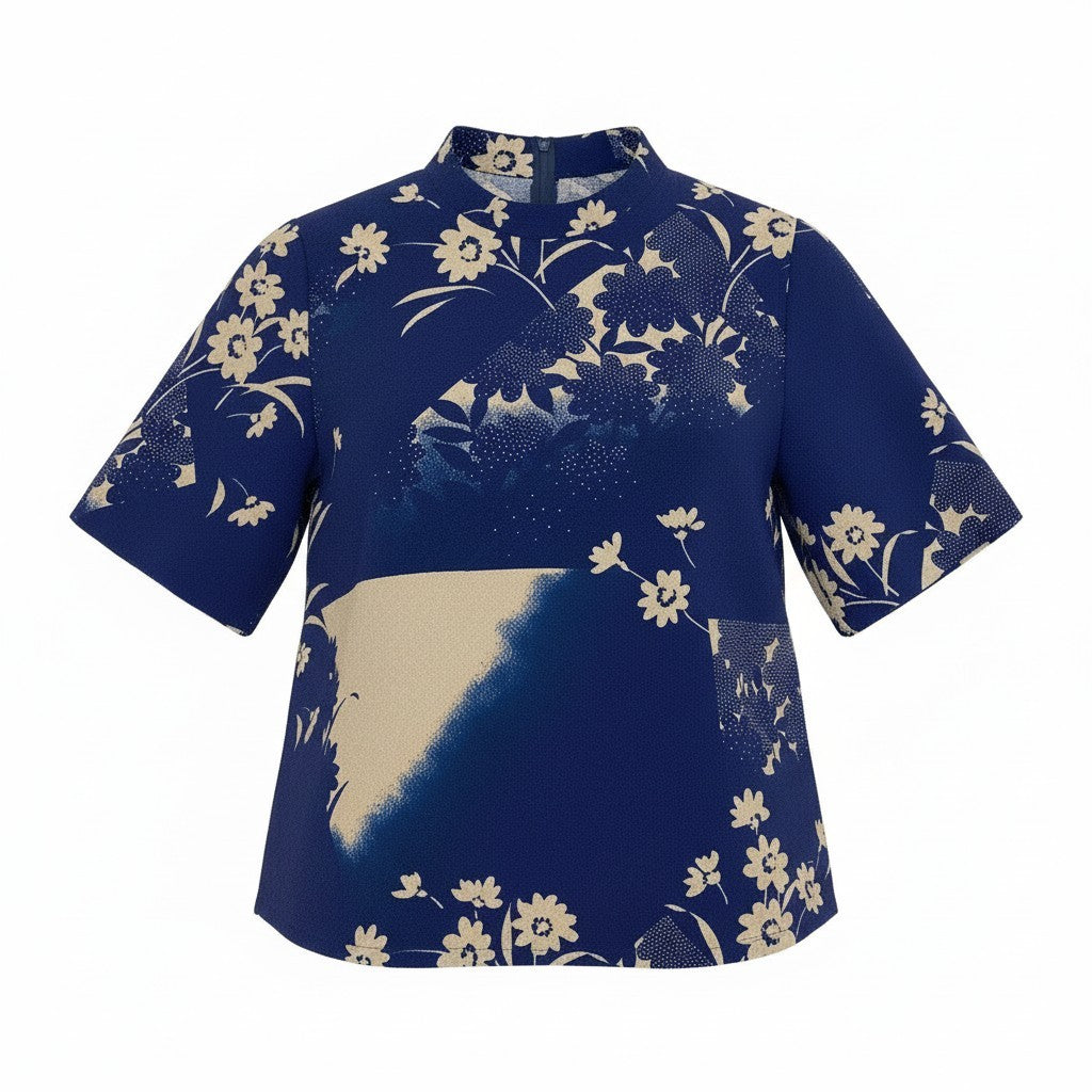 48d16 【美品】 詩仙堂 BY HITOSHI シセンドウ ちりめん 半袖カットソー トップス 花柄プリント ネイビー ポリエステル100％ レディース 女性用u02t