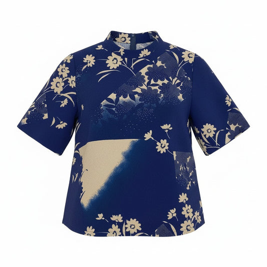 48d16 【美品】 詩仙堂 BY HITOSHI シセンドウ ちりめん 半袖カットソー トップス 花柄プリント ネイビー ポリエステル100％ レディース 女性用u02t