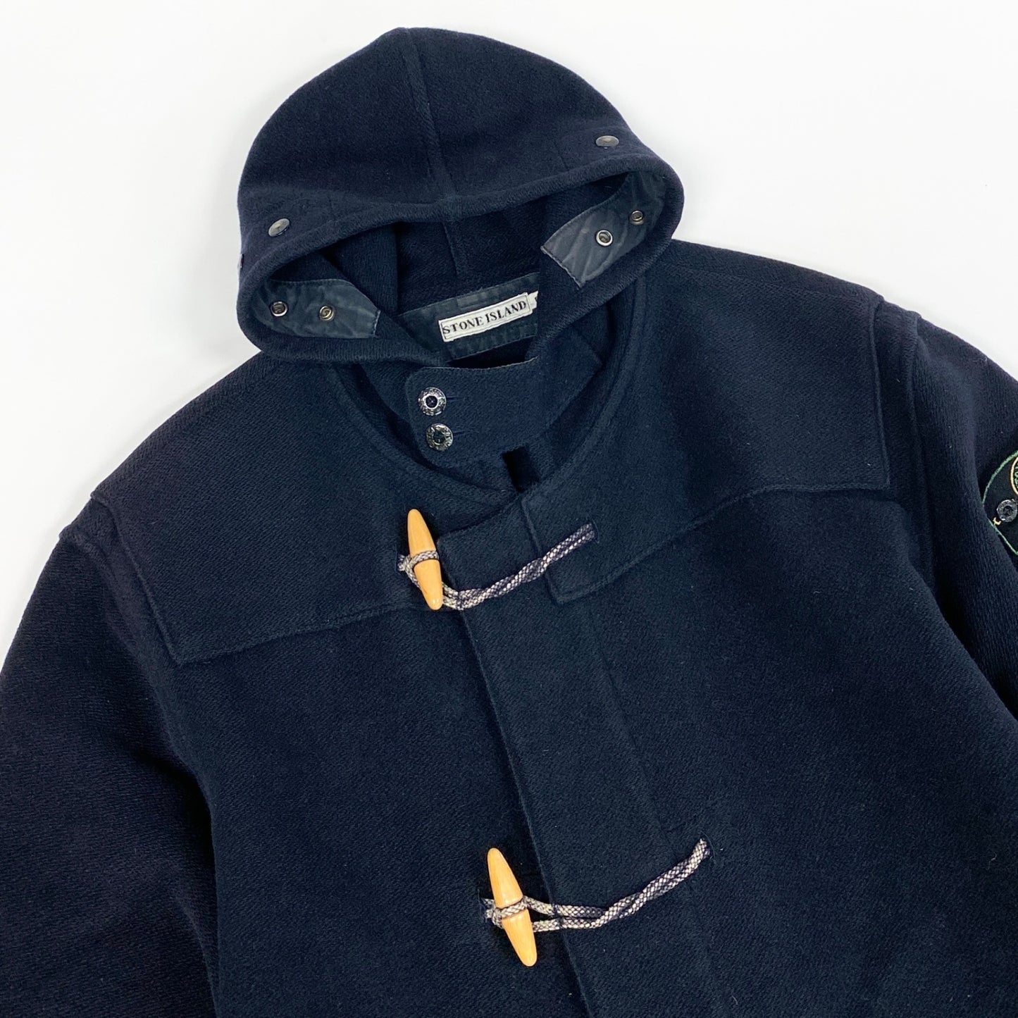 85l20 STONE ISLAND ストーンアイランド 90s ダッフルコート モンゴメリーコート アウター グリーンエッジ 腕章 S ネイビー ウール メンズ アーカイブ マッシモオスティk02i