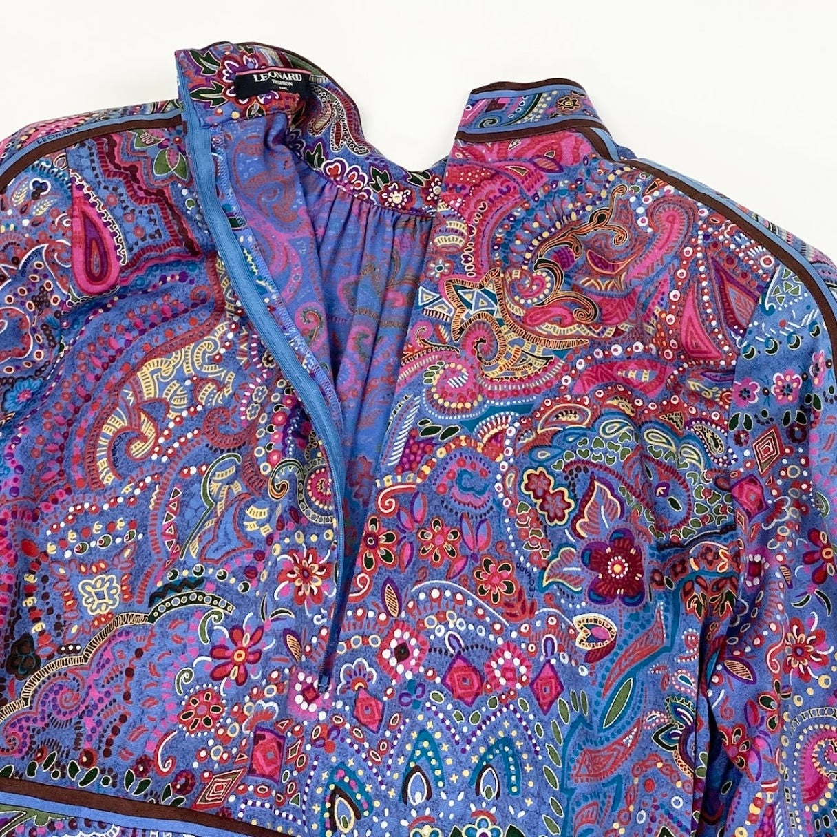 65d16 LEONARD FASHION レオナール ロングワンピース 総柄プリント ペイズリー柄 花柄 ベルト付 サイズM ブルー ウール シルク レディース 女性用u02t