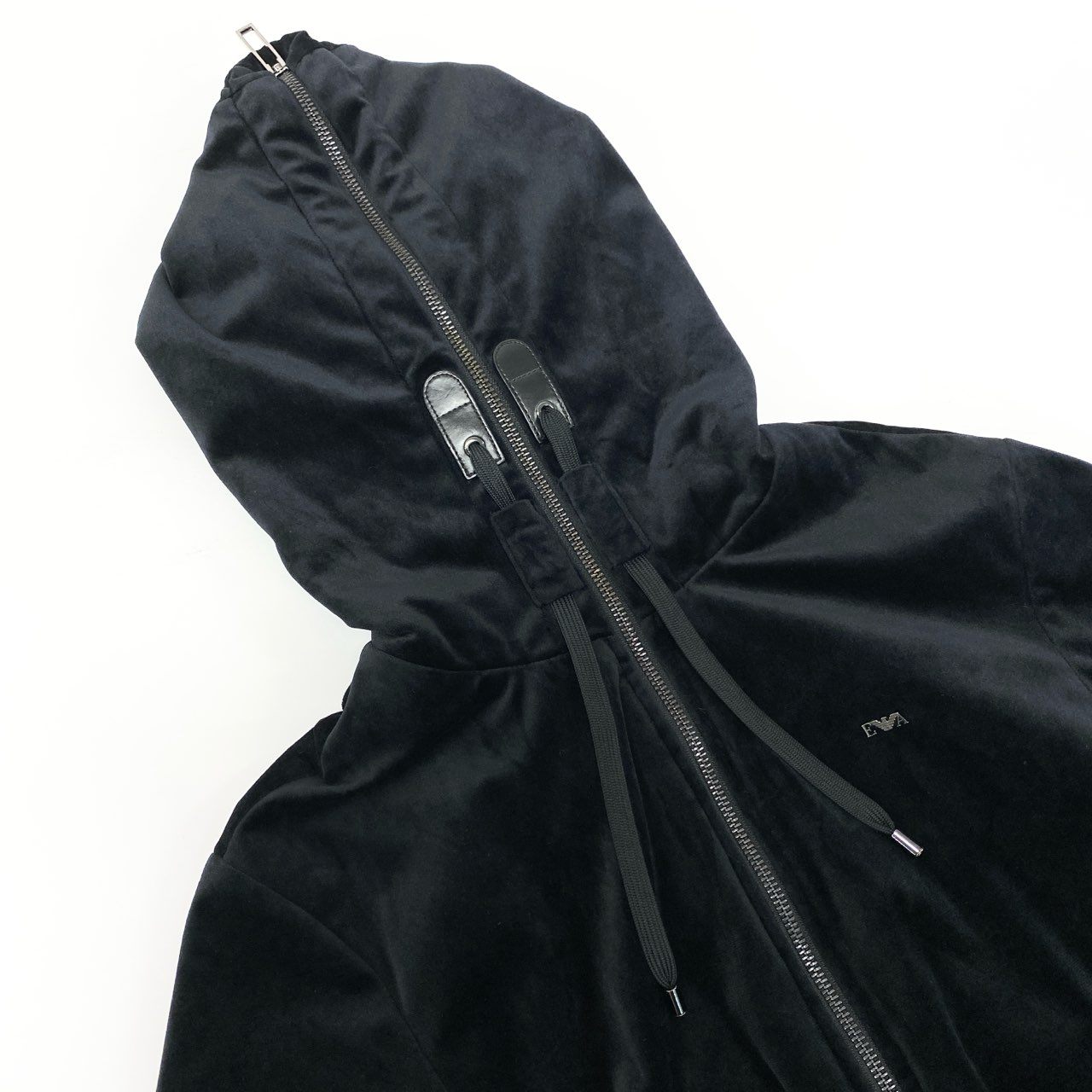 66k11 EMPORIO ARMANI エンポリオアルマーニ ベロア素材 ダブルジップパーカー ベルベットパーカー サイズ44 ブラック メンズ トップスk02i