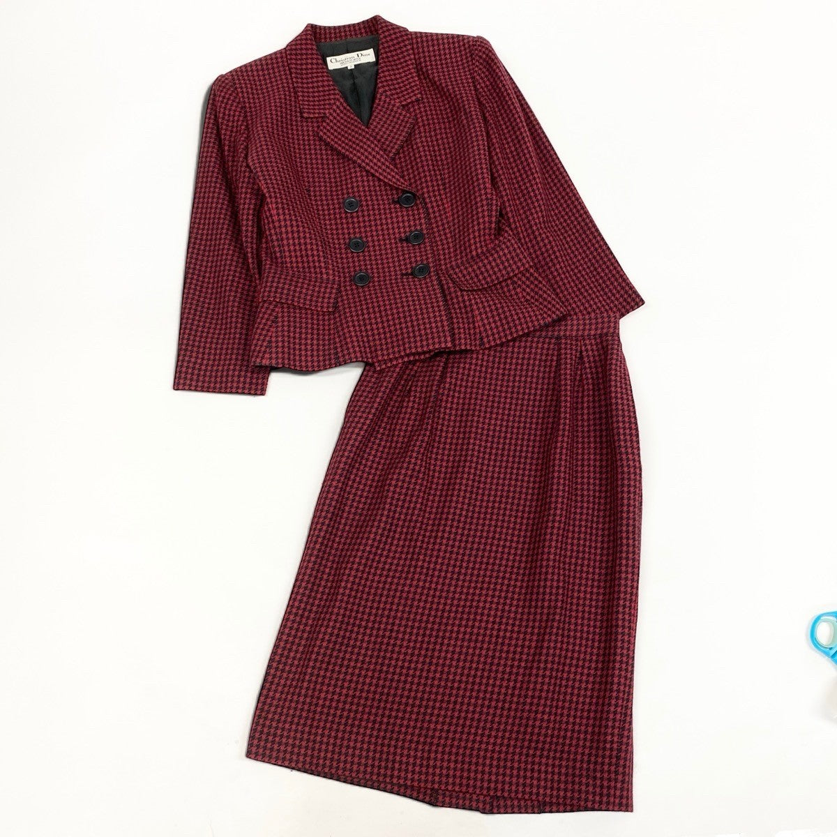 6i14 Christian Dior クリスチャンディオール スカートセットアップ テーラードジャケット スカート 千鳥格子 9サイズ レッド ブラック レディース 女性用u02t