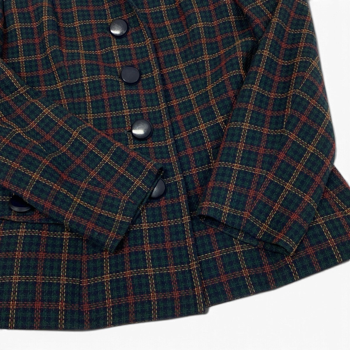 78j6 YVESAINTLAURENT イヴサンローラン セットアップ チェック柄 テーラードジャケット スカート 36サイズ グリーン系 レディース 女性用u02t