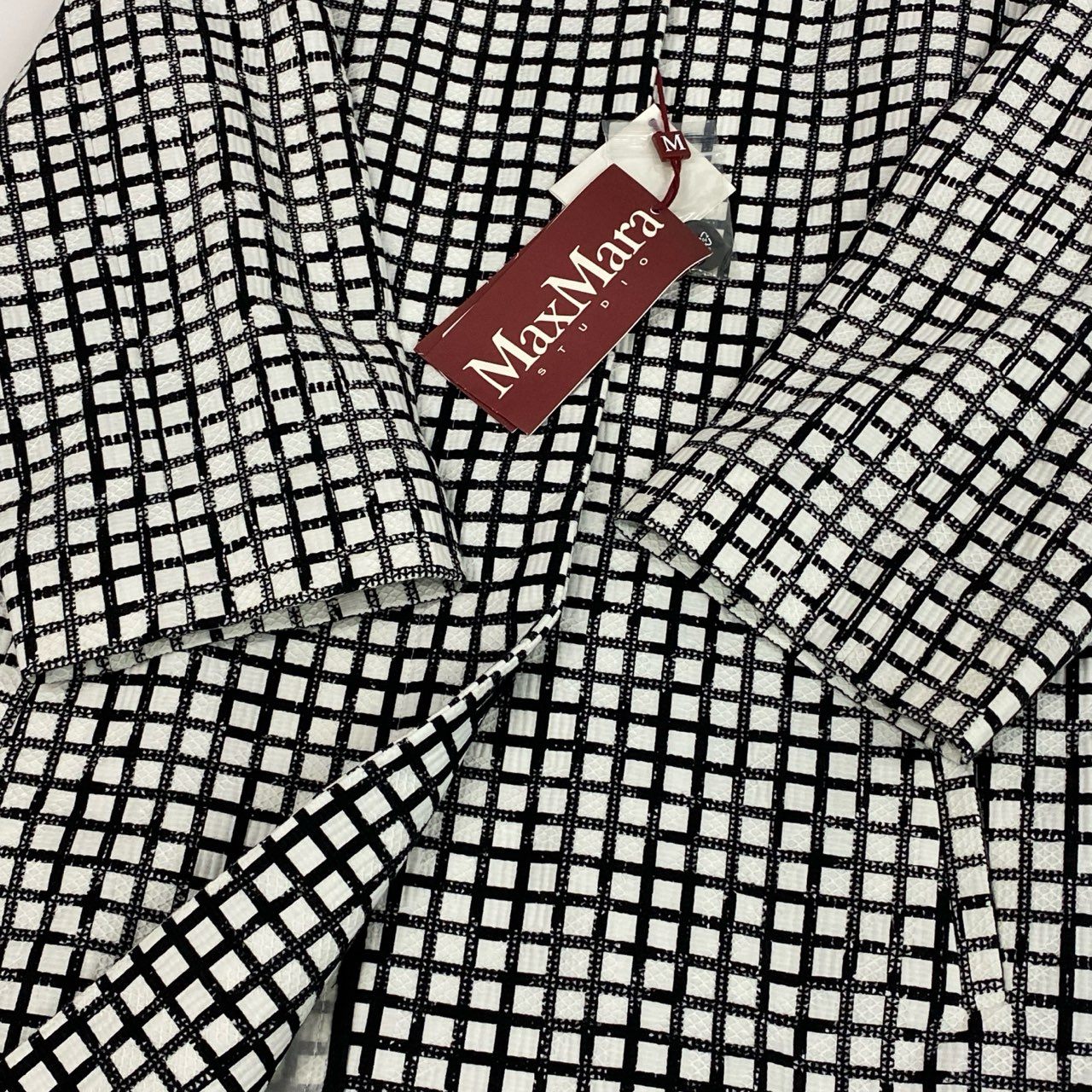 65a14【未使用】 Max Mara STUDIO マックスマーラ ノーカラー ロングコート スプリングコート 格子柄 レディース 女性用 サイズ40 ブラック ホワイト コットン100％u02t