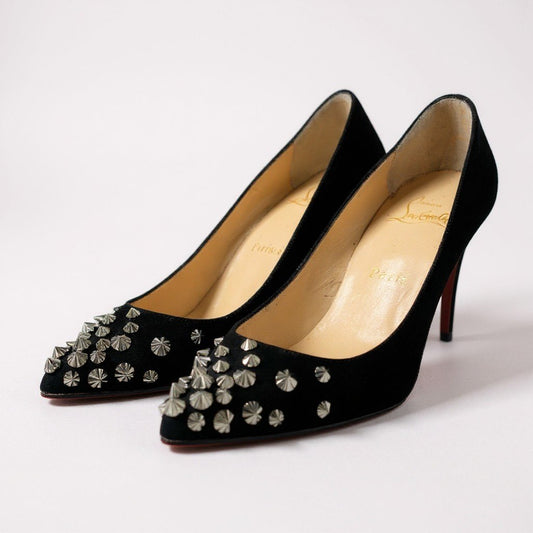 3a5 christianloboutin クリスチャンルブタン スタッズ ハイヒール パンプス スウェード ピンヒール イタリア製 36 1/2サイズ ブラック レディースk02i