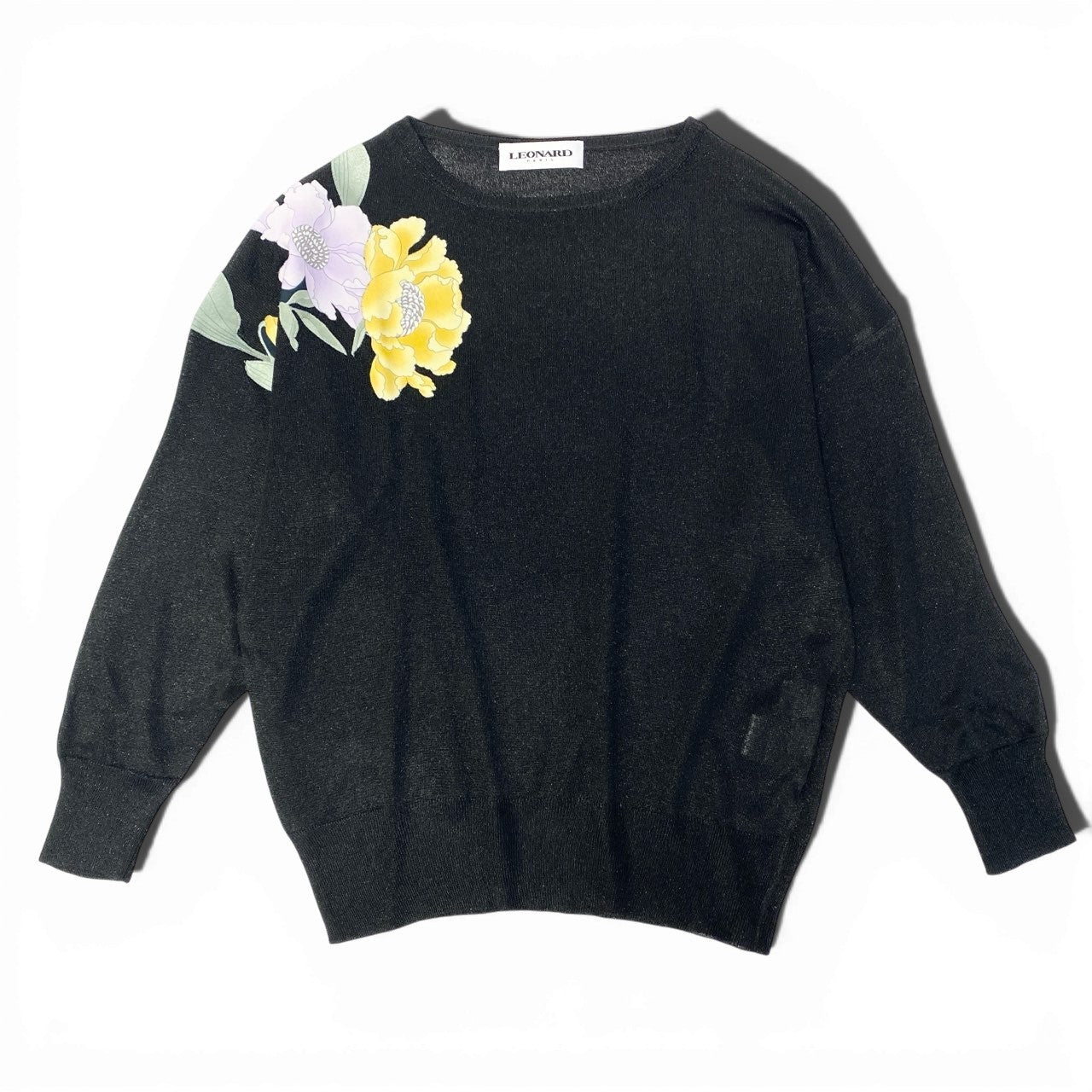 78a5【極美品】LEONARD レオナール ロングスリーブラメニット 美しい花柄プリント トップス 0497794 Mサイズ ブラック レディース 女性用u02t