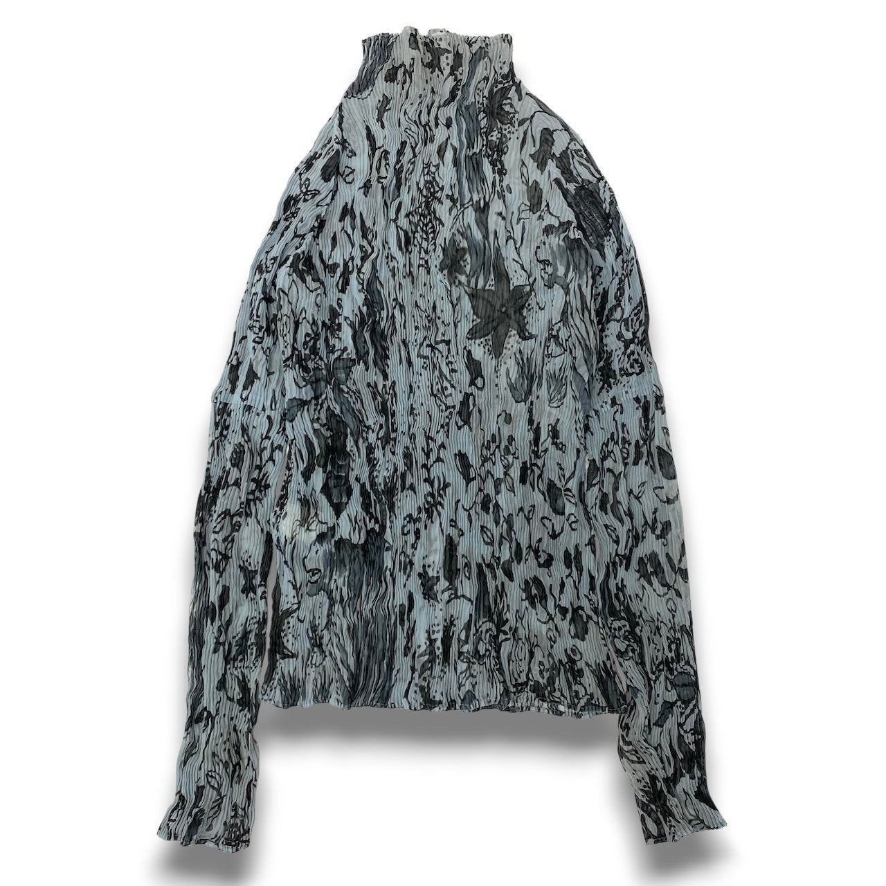 42c24 ISSEY MIYAKE イッセイミヤケ ハイネックプリーツカットソー ロングスリーブカットソー 猫 蝶 花柄  IM02FJ953 Mサイズ グレー系 ポリエステル100％ レディース 女性用o07t