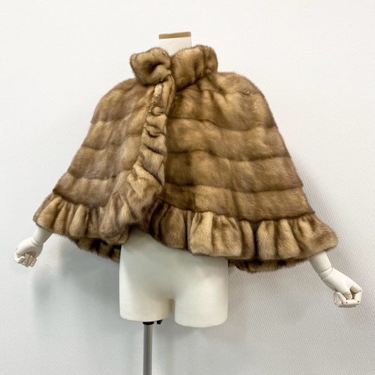 53k10《希少》 CRESCE ミンクファー フリルデザイン ケープ F 最高級本毛皮 金ボタン ポンチョ MINK FUR コートt18r