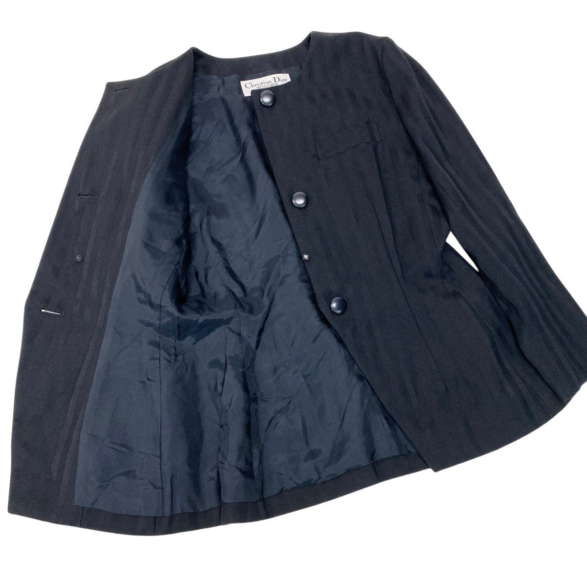 77h18 Christian Dior クリスチャンディオール ノーカラージャケット ウールジャケット ストライプ柄 フォーマル サイズ9 ブラック レディースo07t