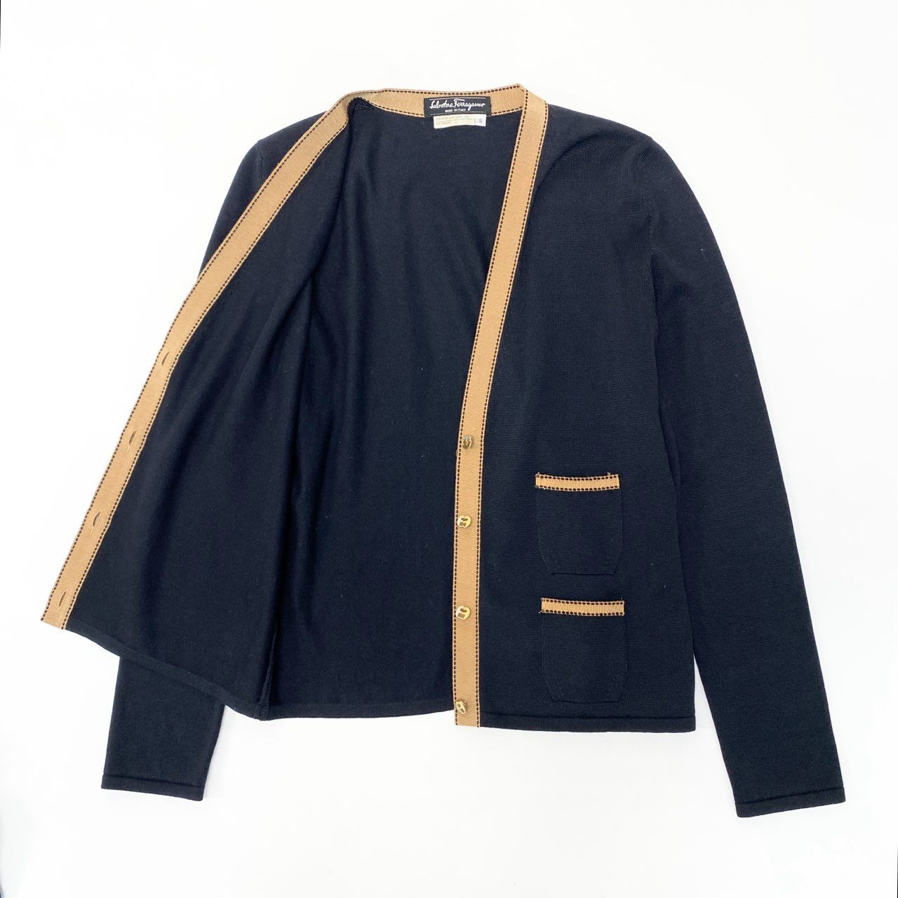 68b7 Salvatore Ferragamo サルヴァトーレフェラガモ アンサンブル コットンニット カーディガン キャミXS/カーディガンS ブラック レディース トップス ヴィンテージk02i