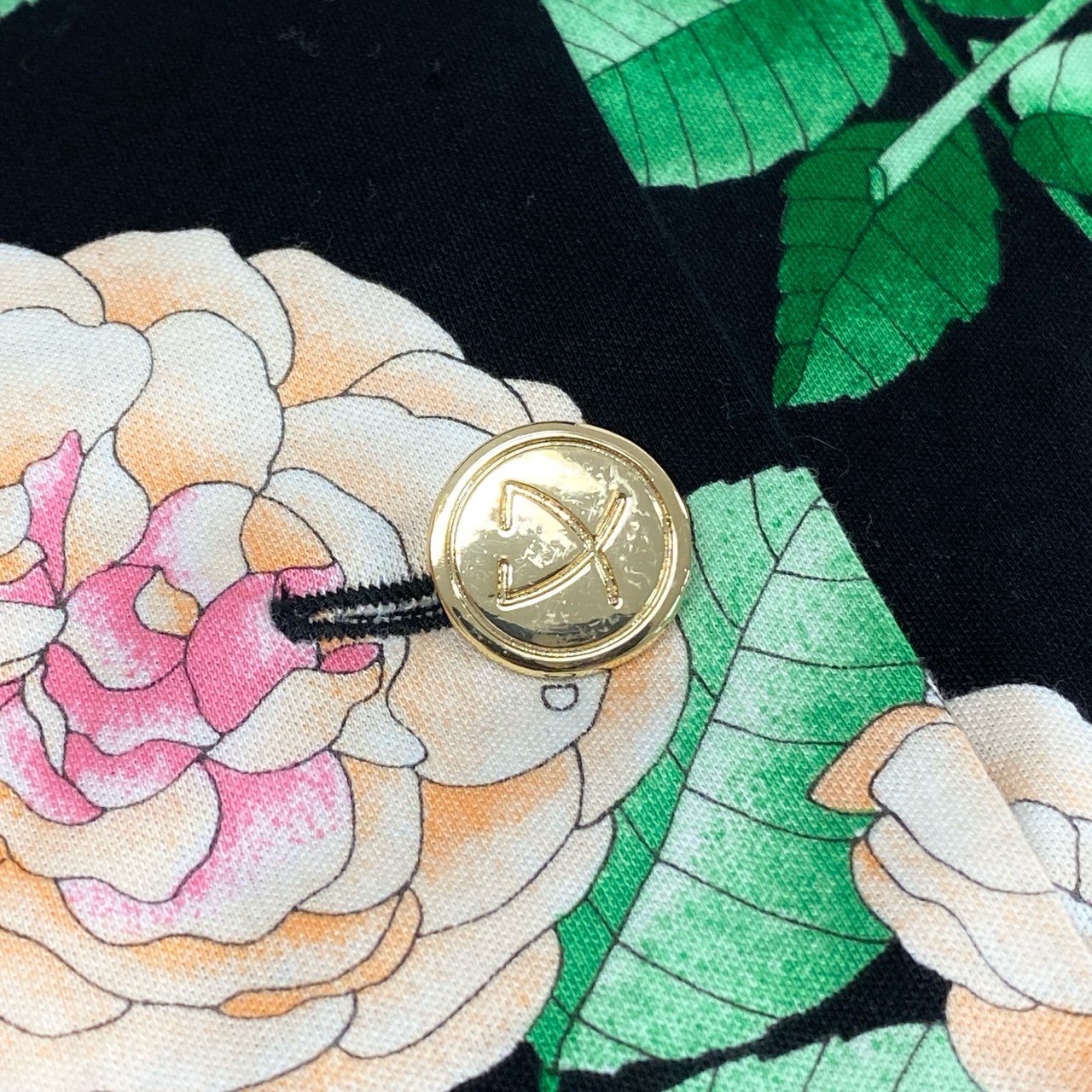 3k19 LEONARD FASHION レオナール ロングシャツワンピース ノーカラー 羽織 美しい花柄プリント ロングスリーブ 金ボタン レディース 女性用 L ブラック コットン100％u02t