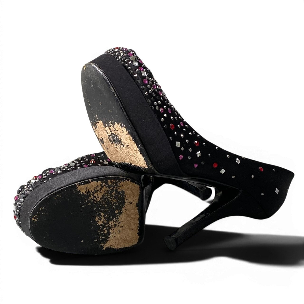 e8 D&G DOLCE&GABBANA ドルチェ＆ガッバーナ ラインストーン パンプス サイズ37 1/2 ブラック サテン レディース シューズk02i