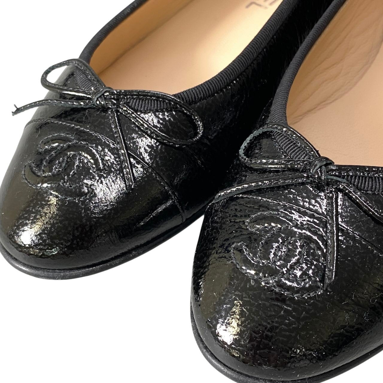 e13 CHANEL ココマーク刺繍 レザーバレエシューズ フラットパンプス 38 1/2サイズ ブラック レザー レディース 女性用k02i