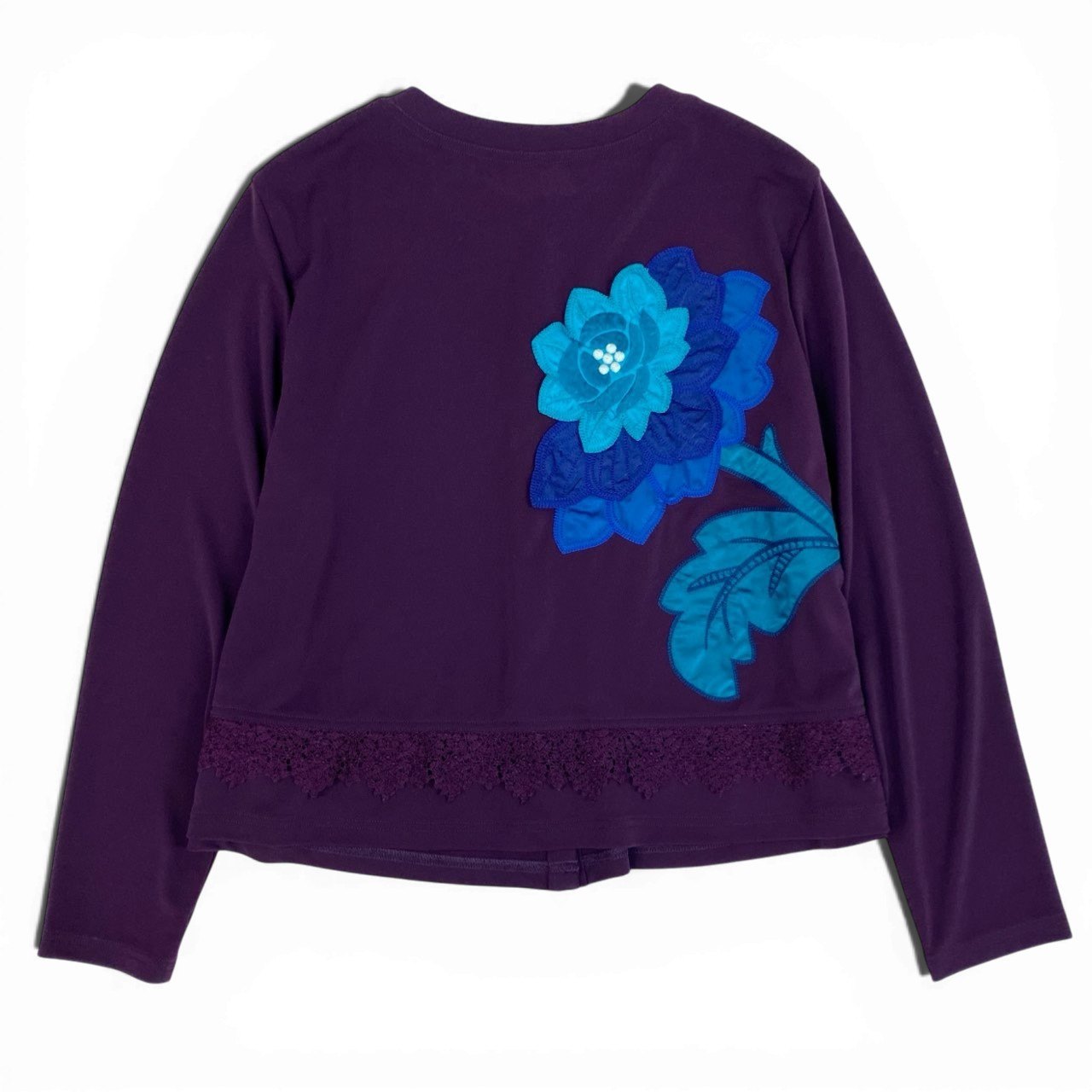 50b27 TOKUKO 1er VOL トクコプルミエヴォル ノーカラージャケット カーディガン 長袖  花柄 レース装飾 ストレッチ レディース 女性服 サイズ9 パープルu02t