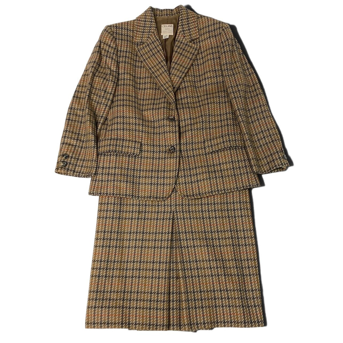 j29 【美品】CELINE 80's ヴィンテージ セットアップ グレンチェック ツイード ジャケット スカート 42サイズ ブラウン レディース 女性用k02i