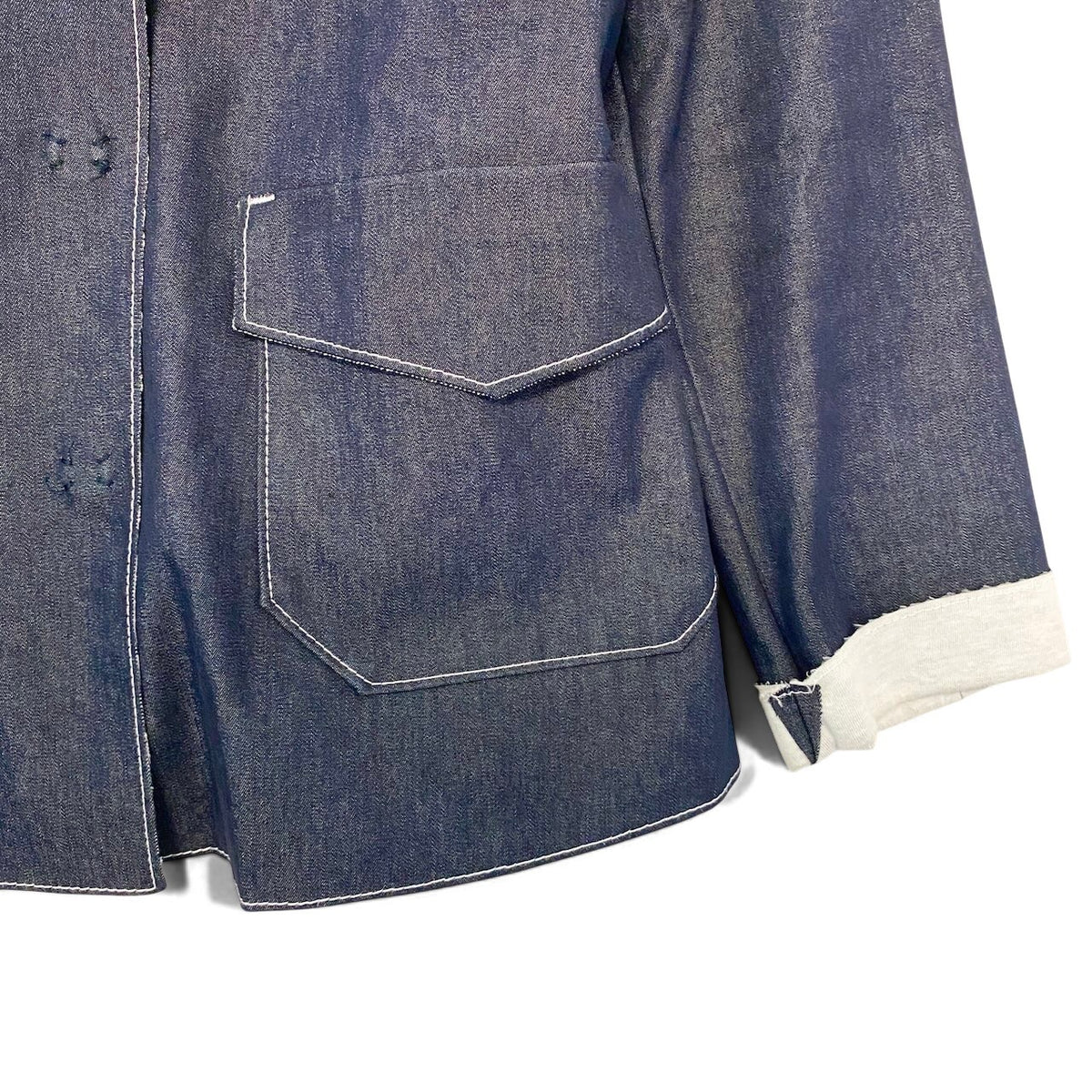 57j22 EMPORIO ARMANI エンポリオアルマーニ ダブルブレスト ジャケット デニム 切替 38 インディゴ ライトグレー コットン レディースo07t