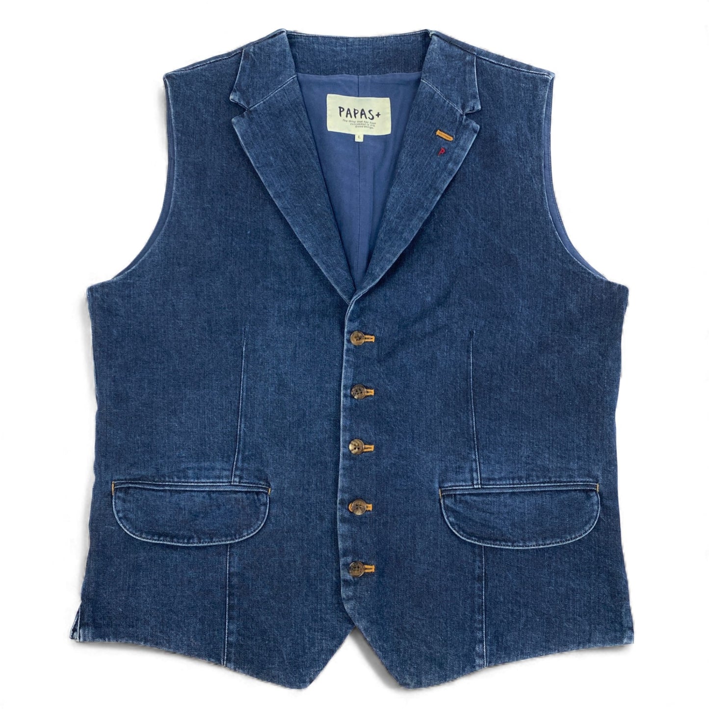 29k6【美品】PAPAS+ パパスプラス デニムベスト  ノースリーブ ジャケット アウター D045CFV 007 Lサイズ インディゴ メンズu02t