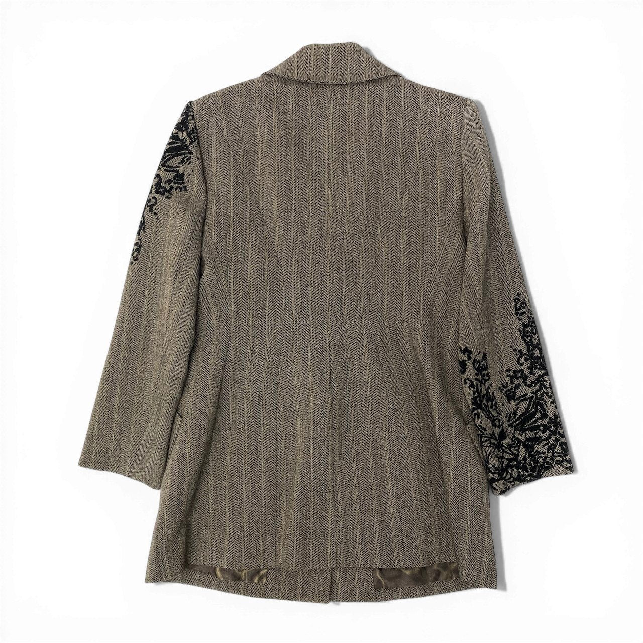 85d9 CHRISTIAN LACROIX クリスチャンラクロワ テーラードジャケット ロングジャケット ストライプ 裏地総柄 フランス製 サイズ42 ブラウン ウール100％ レディース 女性用o07t