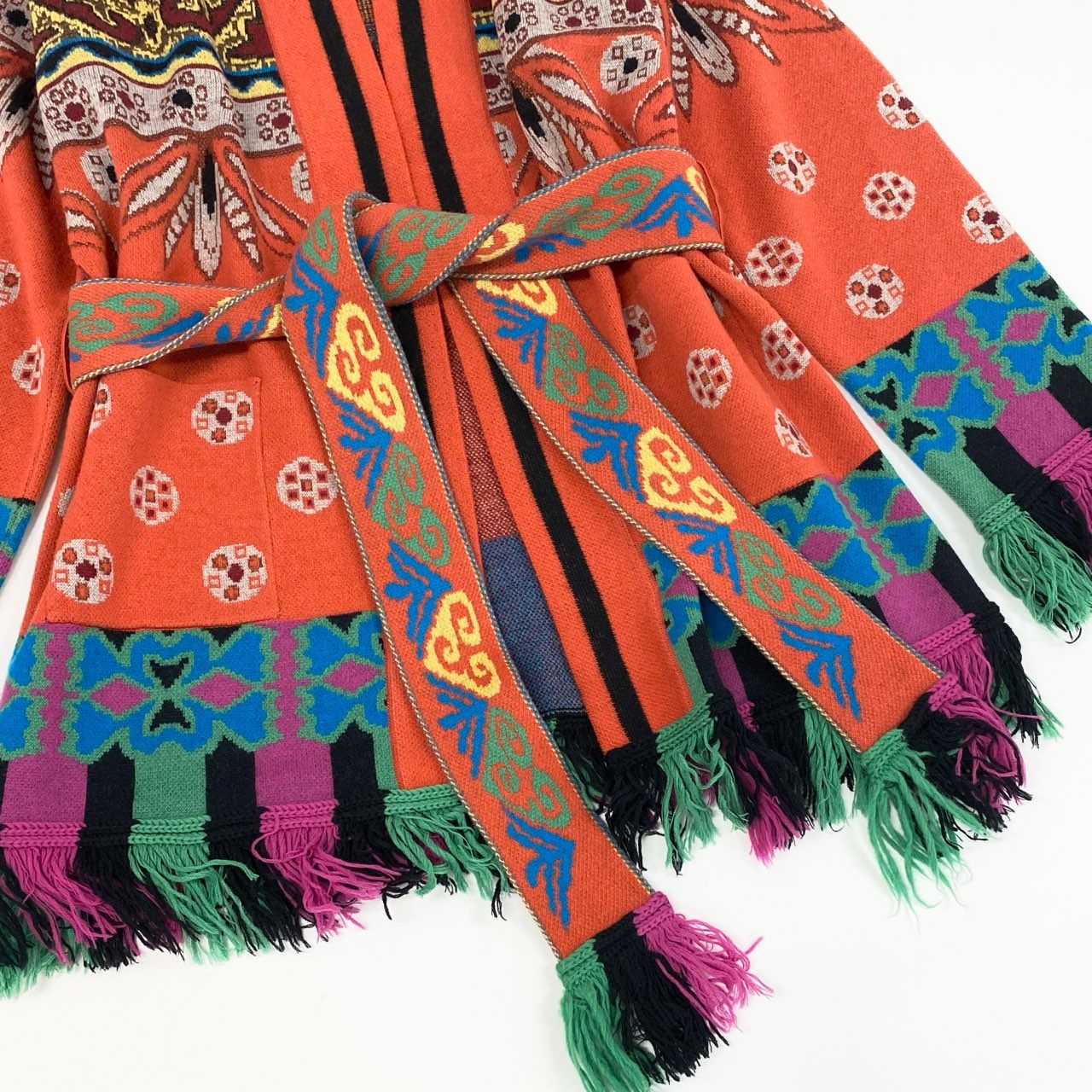 75f24 ETRO エトロ ベルテッドカーディガン ニットカーディガン フリンジ 総柄 サイズ40 マルチカラー レディース イタリア製