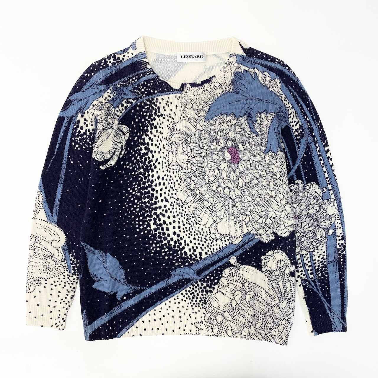 35d12 LEONARD PARIS レオナール ロングスリーブ ニットセーター ウールニット 花柄モチーフ イタリア製 サイズL パープル オフホワイト ウール100％ レディース 女性用u02t