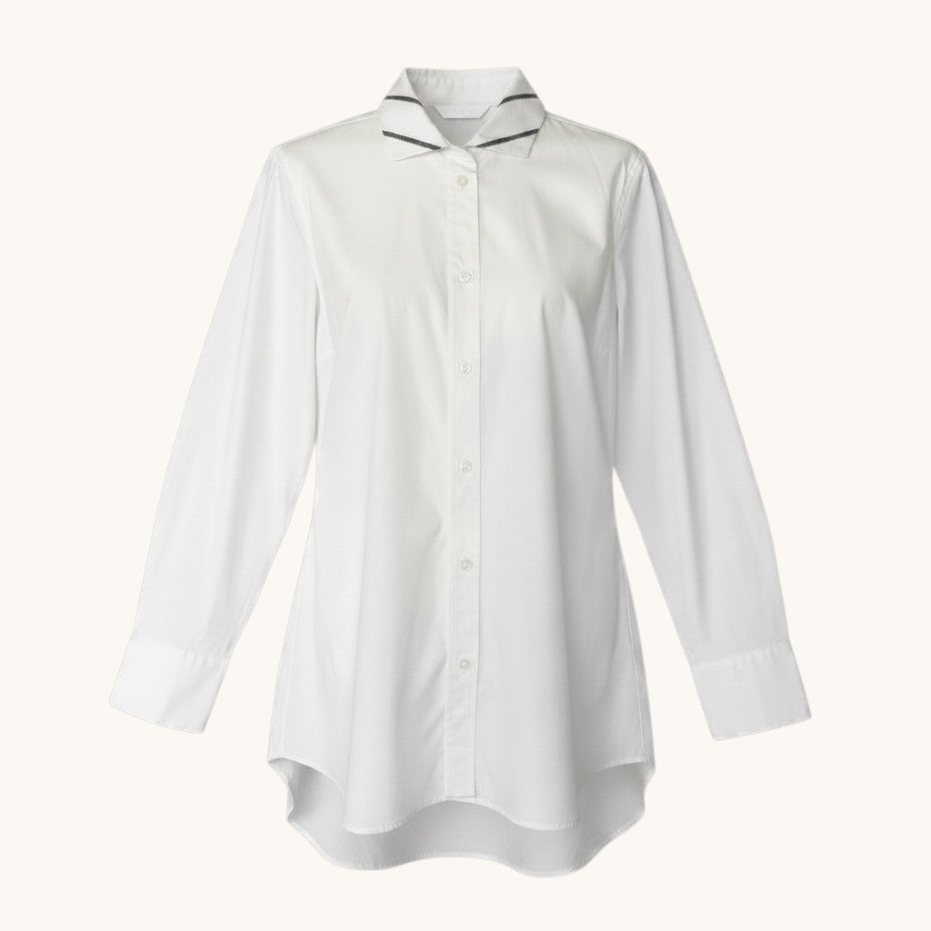 60e1 BRUNELLO CUCINELLI ブルネロクチネリ ロングスリーブシャツ トップス ビーズ装飾 ストレッチ サイズS ホワイト レディース 女性服o07t