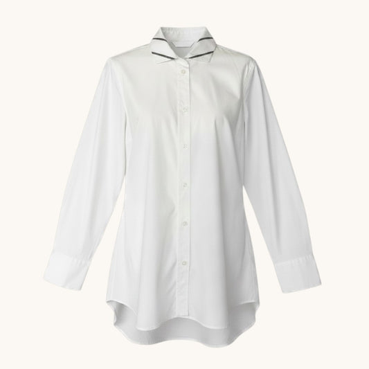 60e1 BRUNELLO CUCINELLI ブルネロクチネリ ロングスリーブシャツ トップス ビーズ装飾 ストレッチ サイズS ホワイト レディース 女性服o07t