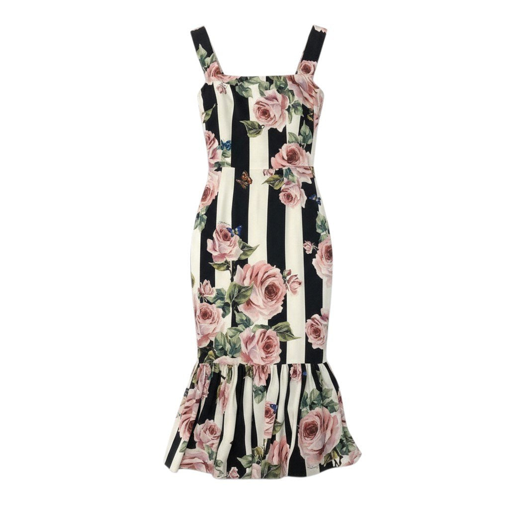 42c24 DOLCE＆GABBANA ドルチェアンドガッバーナ シルクロングドレスワンピース ノースリーブワンピース ストライプ 薔薇 蝶  36サイズ マルチカラー レディース 女性用o07t
