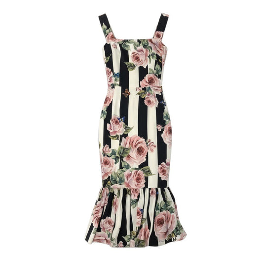 42c24 DOLCE＆GABBANA ドルチェアンドガッバーナ シルクロングドレスワンピース ノースリーブワンピース ストライプ 薔薇 蝶  36サイズ マルチカラー レディース 女性用o07t