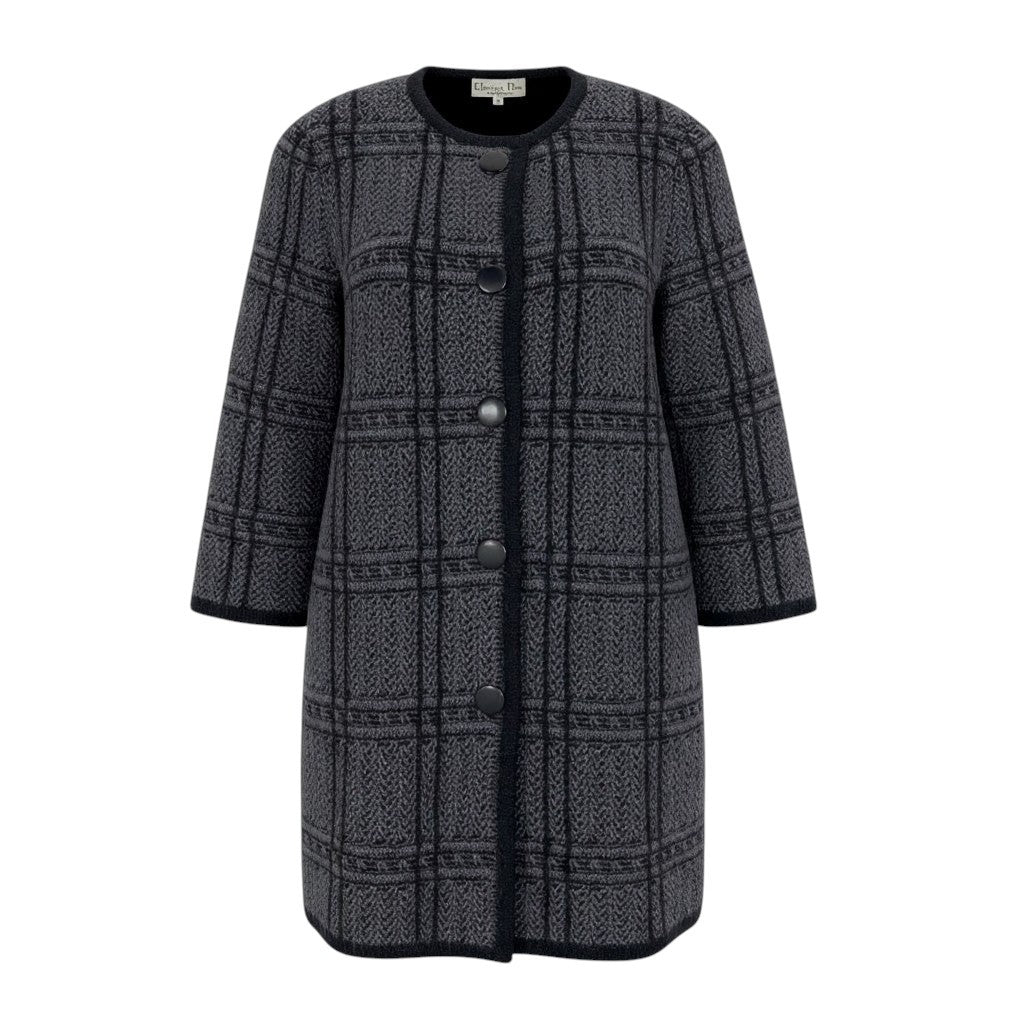 21d18 Christian Dior クリスチャンディオール ロングスリーブ ニットカーディガン ミディアム丈 総柄 Mサイズ グレー系 レディース 女性用u02t