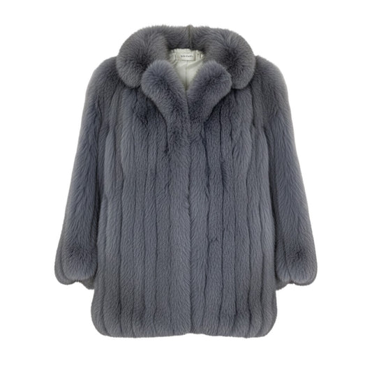 51k19 染め ブルーフォックス ファーコート パープル系 本毛皮 FOX FUR リアルファー 裏地刺繍 ポケット有t18r