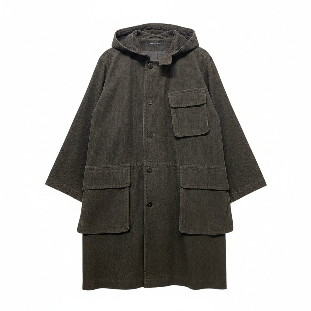 88i1 JURGEN LEHL ヨーガンレール フーデット コーデユロイコート ロングコート ダークグレー メンズ 紳士服u02t
