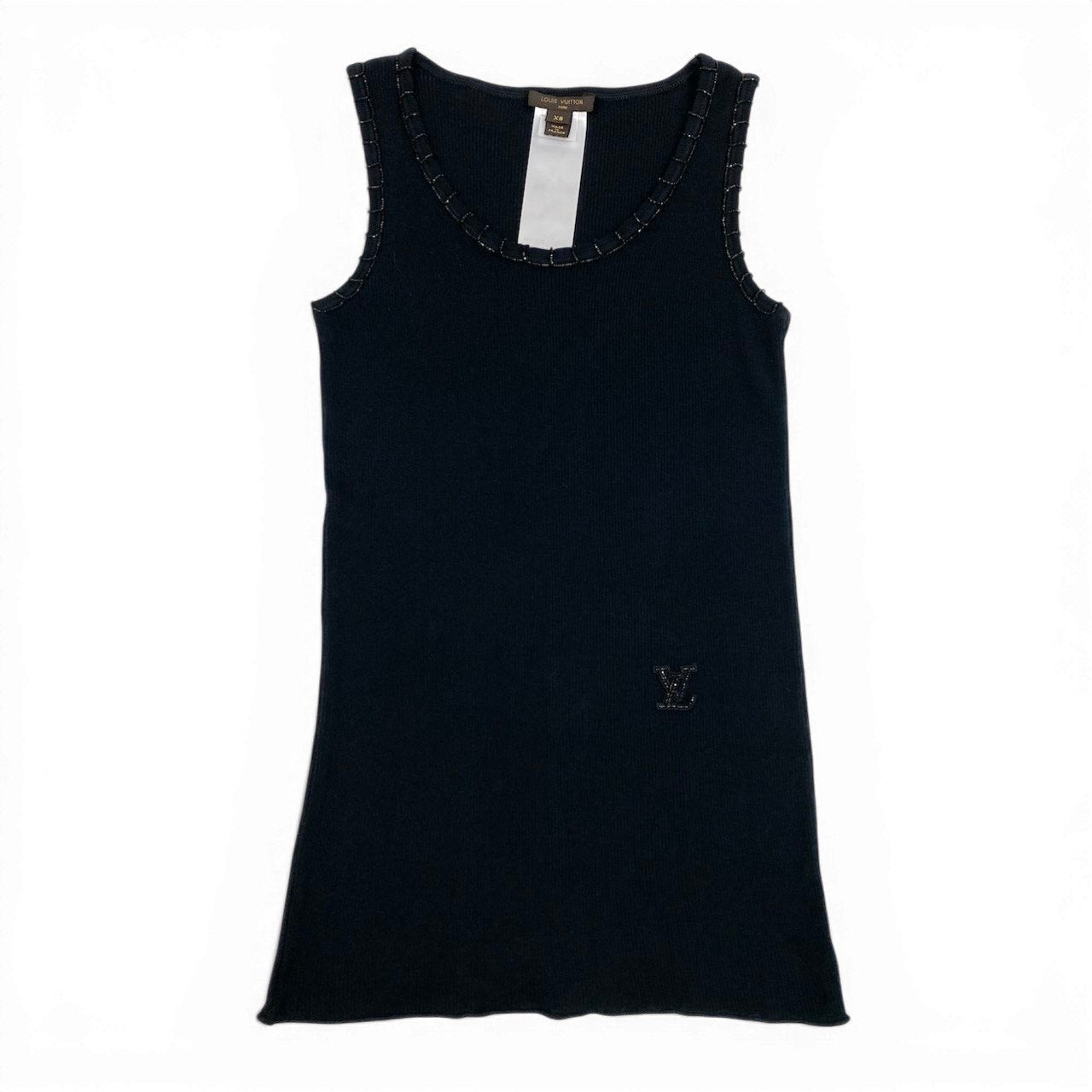 Ec27 LOUIS VUITTON ルイヴィトン LVロゴ リブニットノースリーブトップス カットソー ビーズ装飾 フランス製 XSサイズ ブラック コットン100％ レディース 女性用u02t