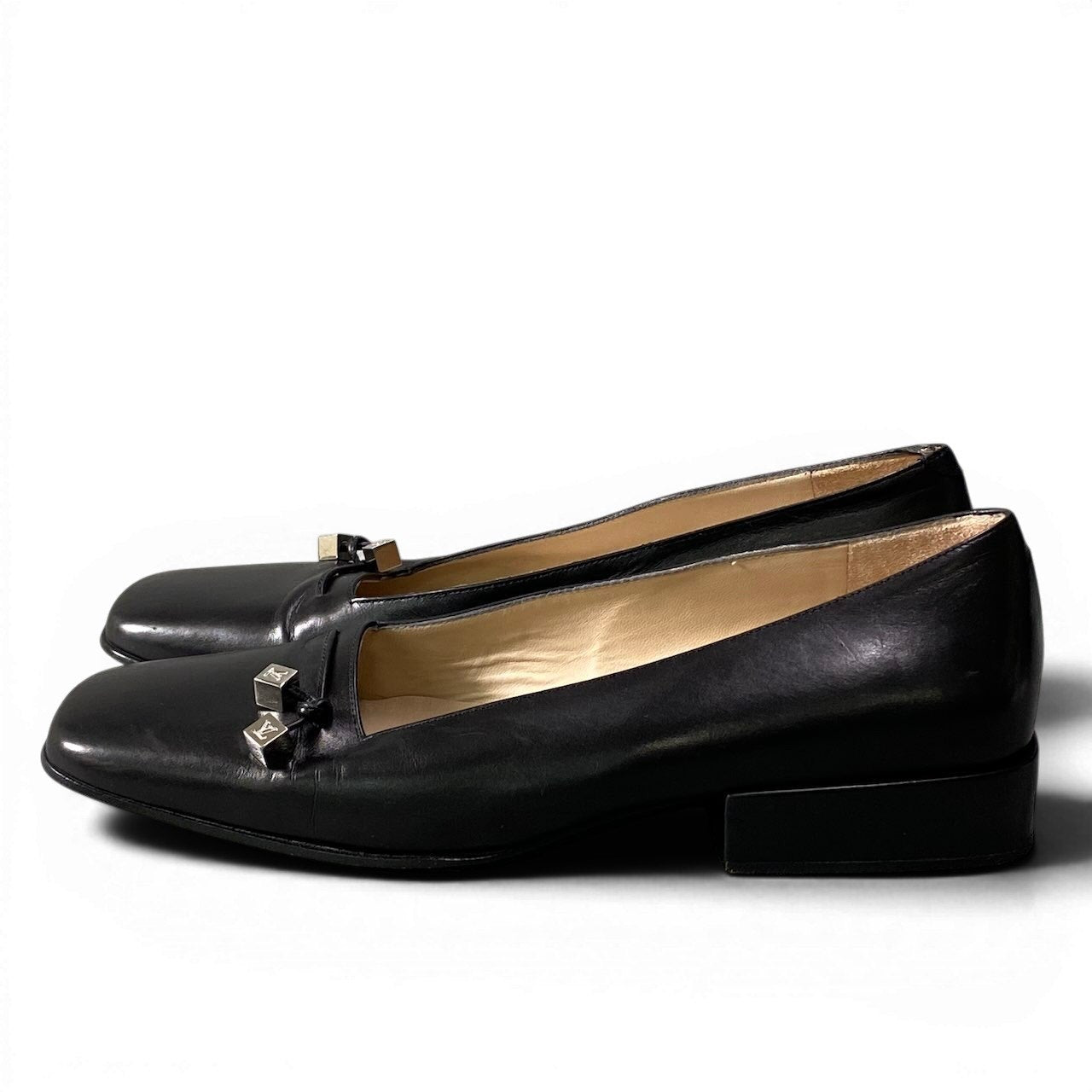 e4 LOUIS VUITTON ルイヴィトン スクエアトゥ ヒールパンプス ローヒール ロゴキューブ レザー 36 1/2 ブラック レディース 女性靴o07t