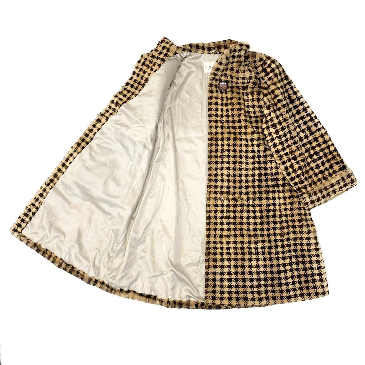 32d2 GRES グレ シェアードミンクコート 毛皮ロングコート 千鳥格子柄 アウター Fサイズ ベージュ ブラウン シェアード レディース 女性用k02i