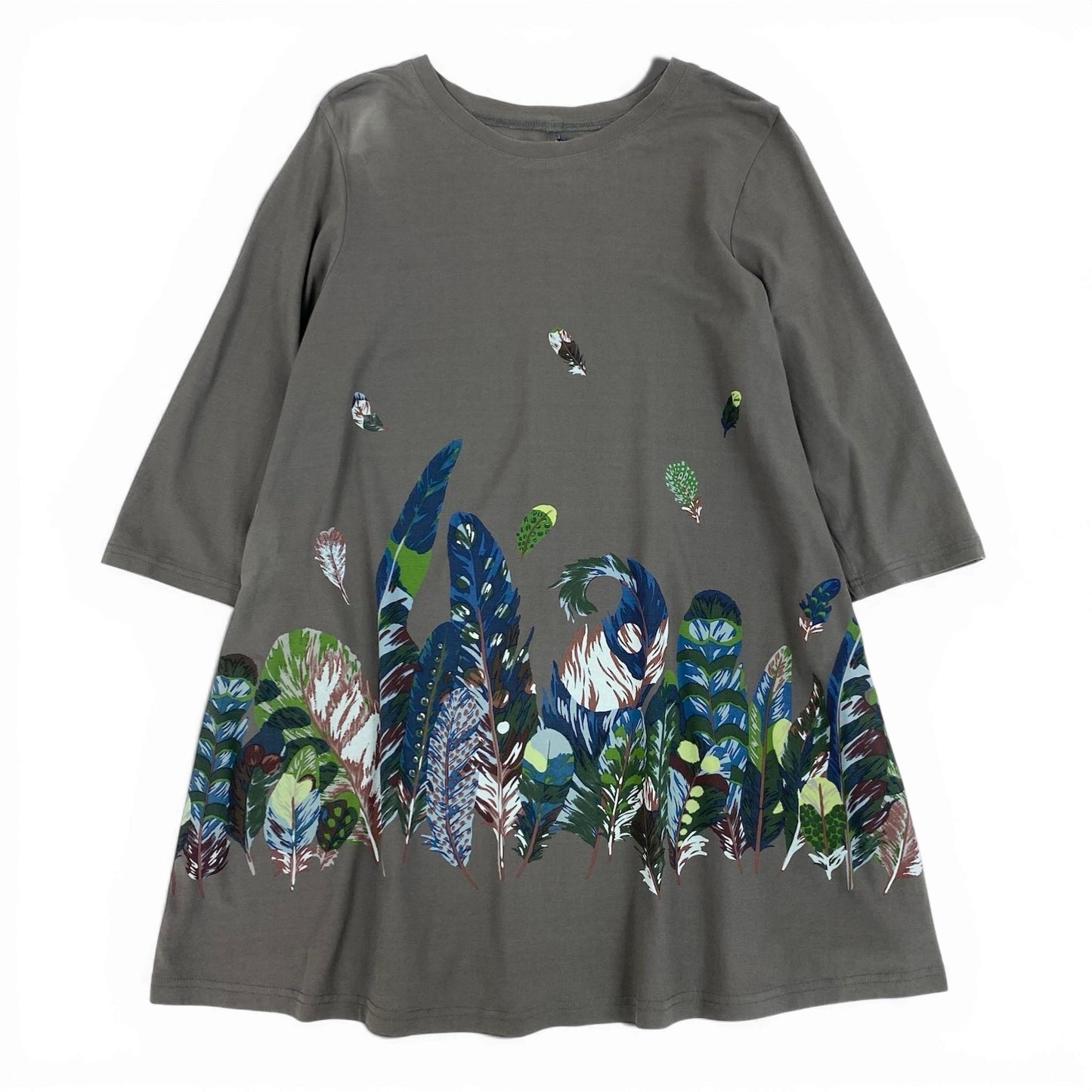 41c10 TOKUKO 1er VOL トクコプルミエヴォル チュニックワンピース Aライン 七分袖 羽柄  ストレッチ レディース 女性服 サイズ9 グレー系u02t