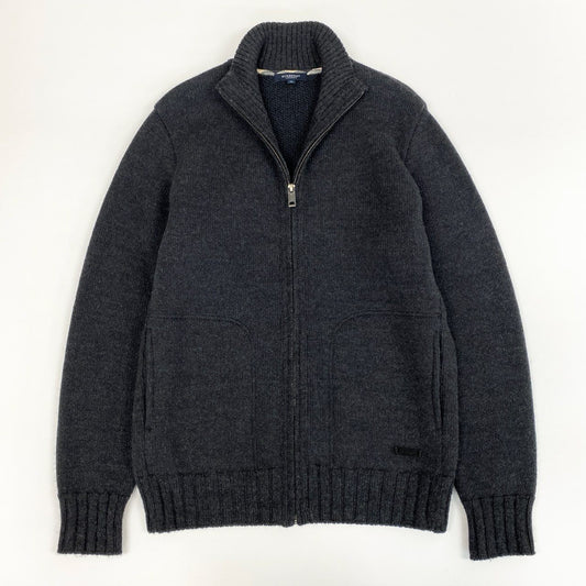 67j6 BURBERRY LONDON バーバリーロンドン フルジップ ニットジャケット ブルゾン リブハイネック  M ダークグレー ウール100％u02t