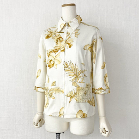 11e8 LEONARD SPORT レオナール スポーツ 7分袖 襟付きカットソー ポロシャツ 前開き シャツ 美しい花柄プリント サイズM ホワイト コットン100% レディース 日本製