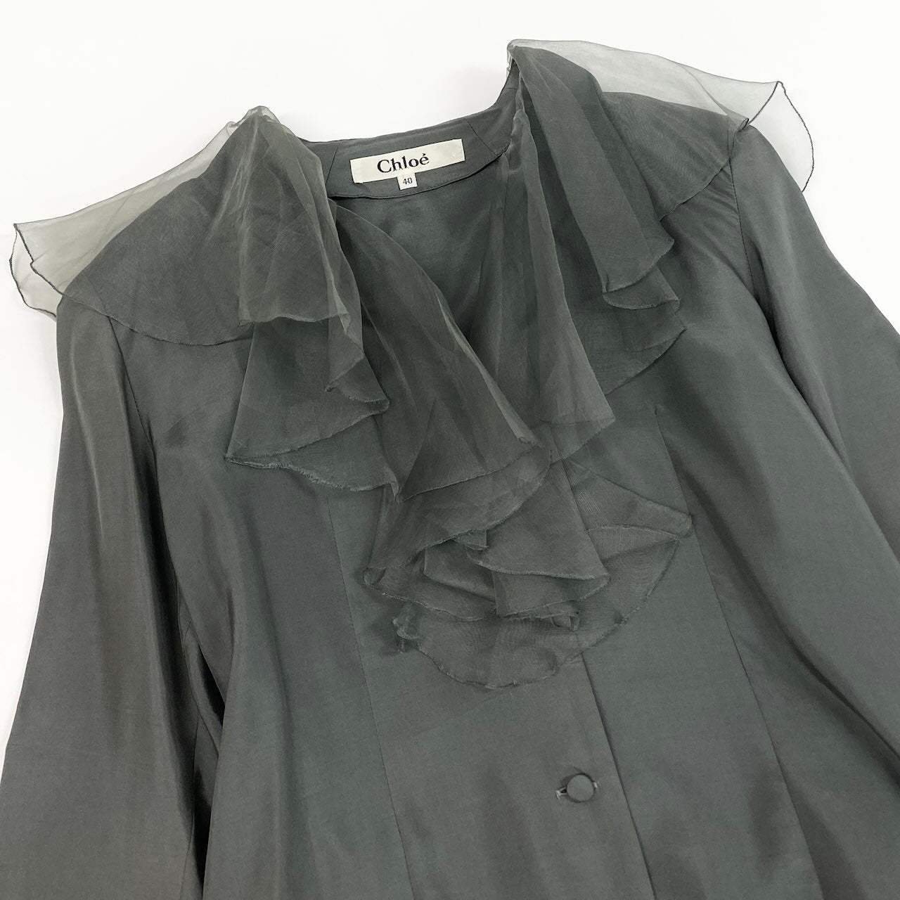 40d16 Chloe クロエ シアーフリル 長袖シャツ シルクブラウス トップス 40 グレー シルクu02t