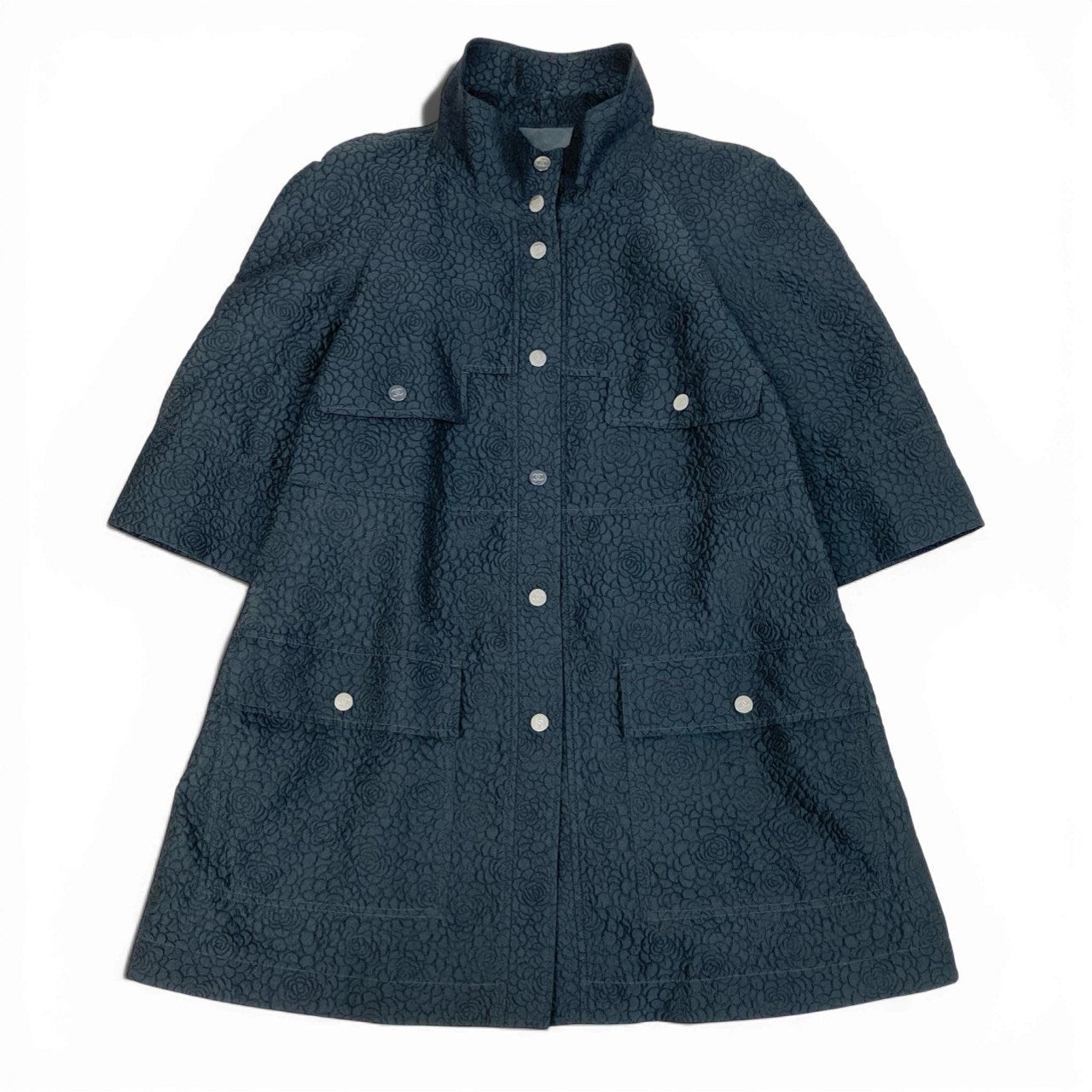 65b10【美品】CHANEL シャネル 2014 カメリア ココマーク スタンド襟 ジャケットコート P46220V33837 38サイズ ネイビー レディース 女性用k02i