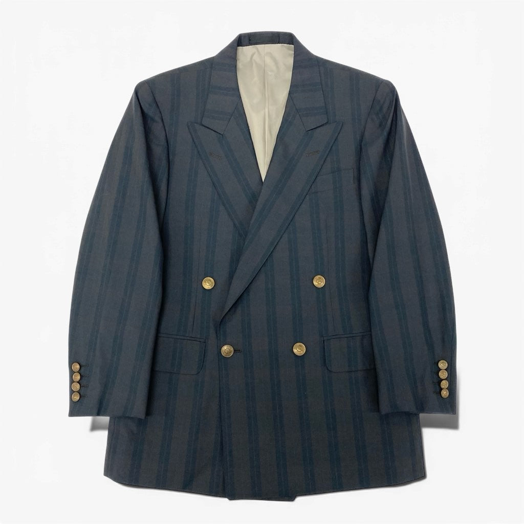 16a27 Burberrys バーバリーズ ダブルブレスト テーラードジャケット ブレザー 金ボタン チェック柄 90-78-165 A4 ネイビー系 ウール100％ メンズ 男性用o07t