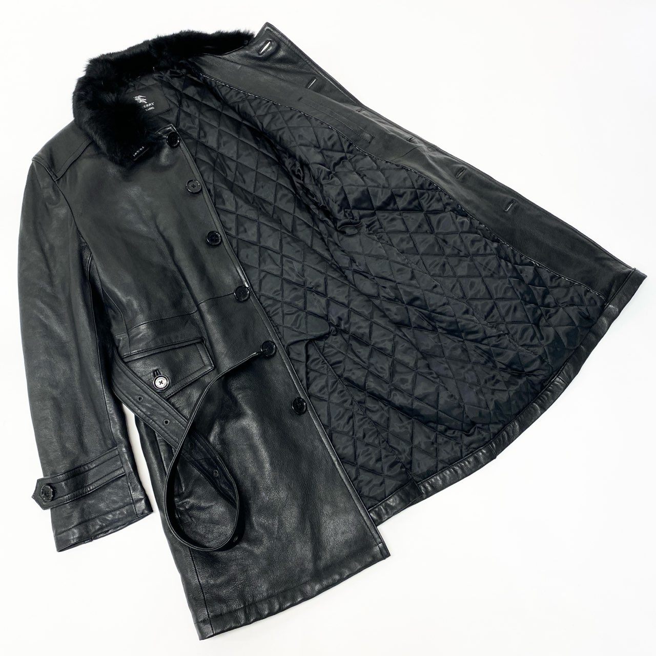 79a14 BURBERRY BLACK LABEL バーバリーブラックレーベル レザーコート ベルテッドコート 中綿キルティング ラビットファー襟 LL ブラック メンズu02t