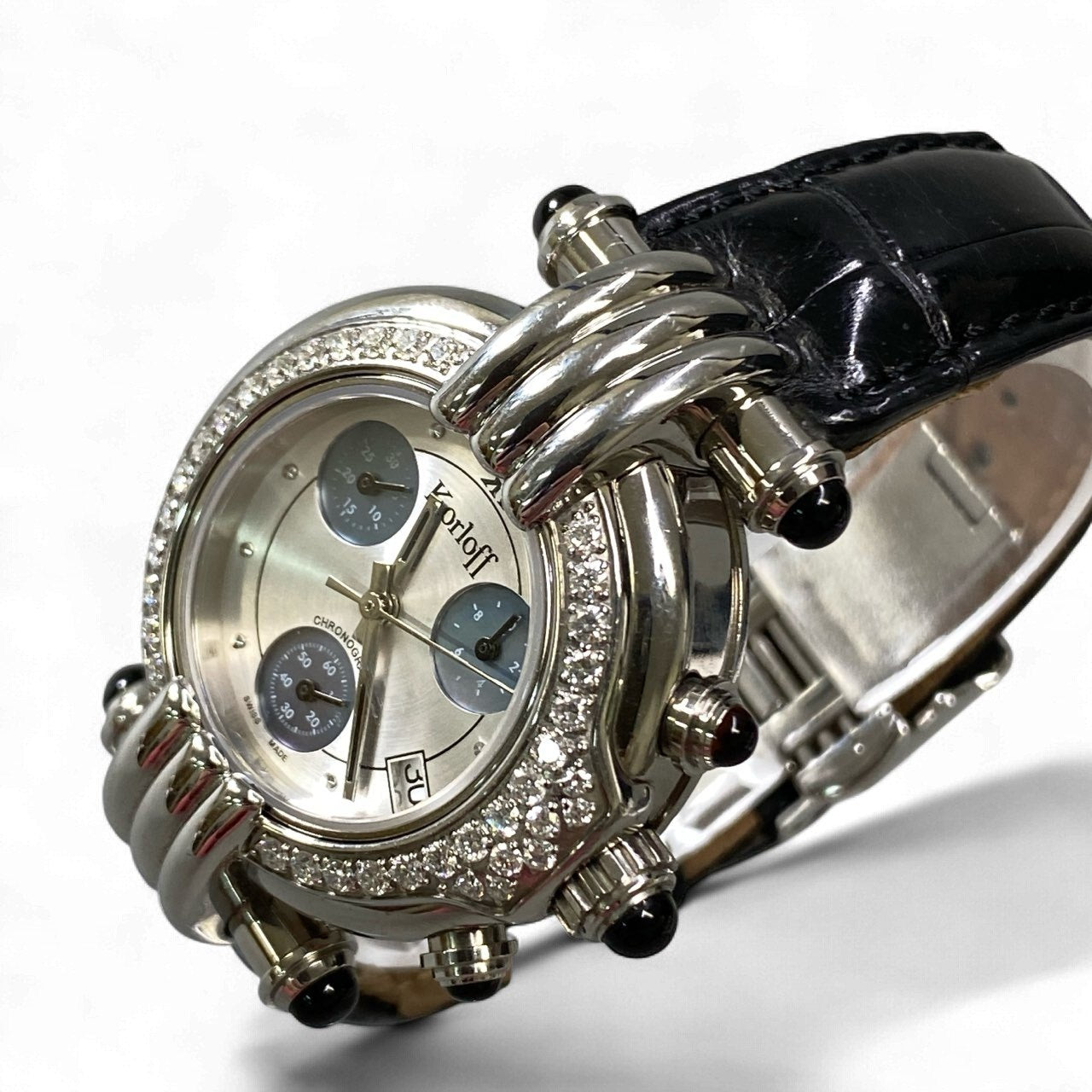 k18《美品》 Korloff コルロフ クロノグラフ クォーツ レディース 腕時計 LC6D シルバー ブラック 高級腕時計 ケース 保証書付きt18r
