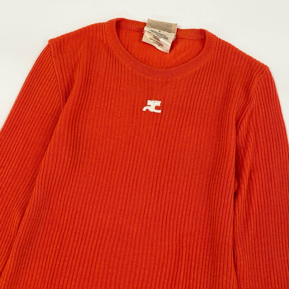 31i8 Courreges クレージュ フランス製 VINTAGE ワンポイントロゴ刺繍 長袖ニット セーター トップス オレンジ コットン レディースk02i